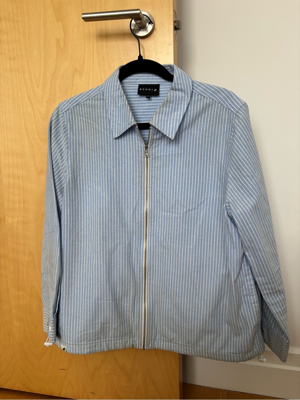 Agnes B. Light Blue & White Pinstripe Zip Shirt Jacket